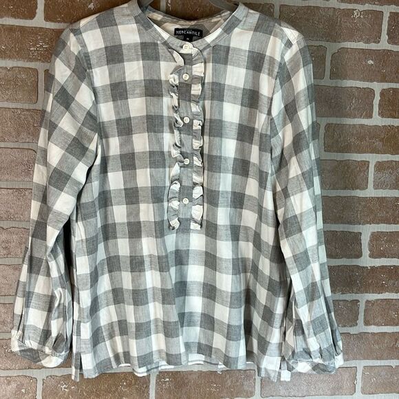 J.Crew Mercantile Plaid Flannel Top Size M gray check ruffle popover Blouse - Picture 1 of 8
